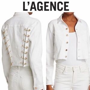 L’AGENCE Aria Safety Pin Cropped Denim White Jean Jacket Women's M
